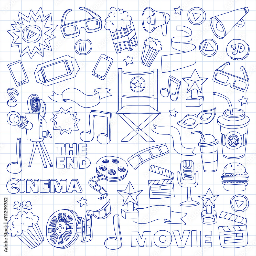 Cinema icons set. Cinema pattern. Cinema icons. Cinema background. Cinema set vector. Cinema set eps. Cinema texture. Cinema set. Filmmaking and movie hand drawn images.