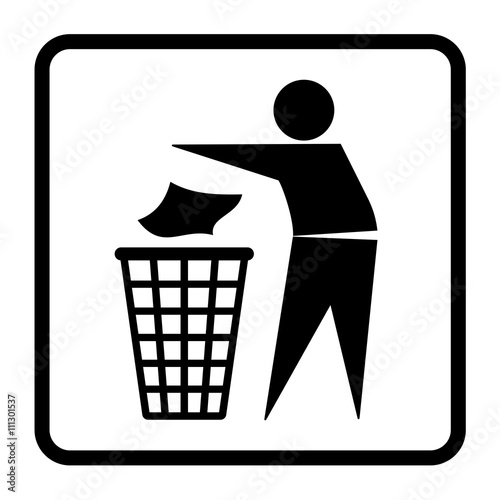 Do not litter sign. Silhouette of a man, throwing garbage in a bin, isolated on white background. Icon vector illustration