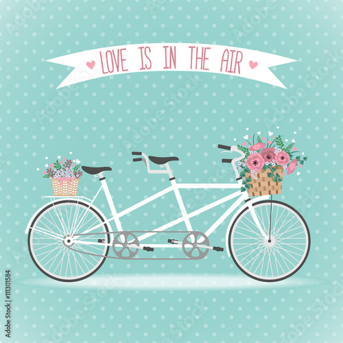 Cute bicycle with basket full of flowers