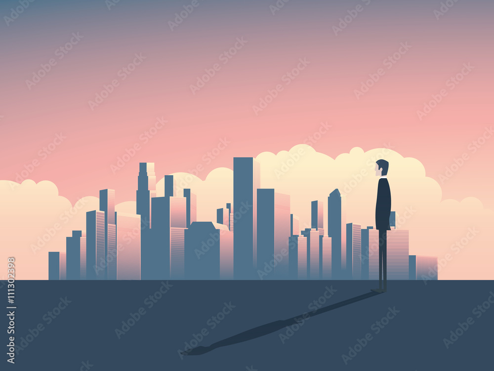 City skyline panorama illustration with businessman watching. High skyscrapers in the background.