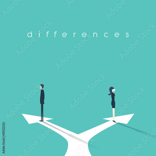 Business concept illustration of gender differences between businesswoman and businessman. Conflict, confrontation, negotiation situation.
