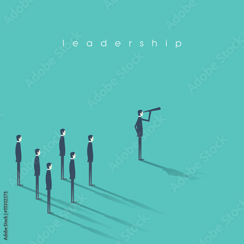 Business leadership concept illustration with businessman and telescope leading other men. Vision, success abstract symbol.