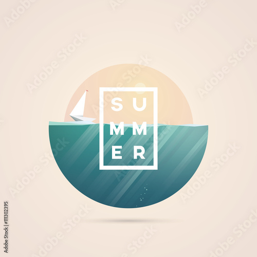 Summer holidays concept illustration with ocean view in some exotic location. Sailboat or yacht as symbol of traveling and adventure. Polygonal style.