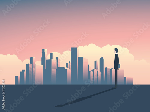 City skyline panorama illustration with businessman watching. High skyscrapers in the background.