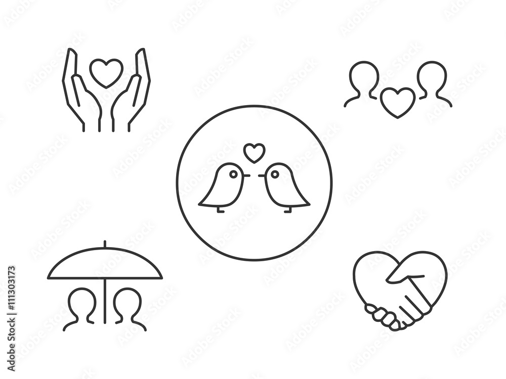 Love icons. Hands holding heart, love birds, hands in heart shape, lovers sharing an umbrella.