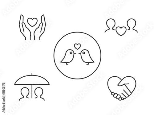 Love icons. Hands holding heart, love birds, hands in heart shape, lovers sharing an umbrella.