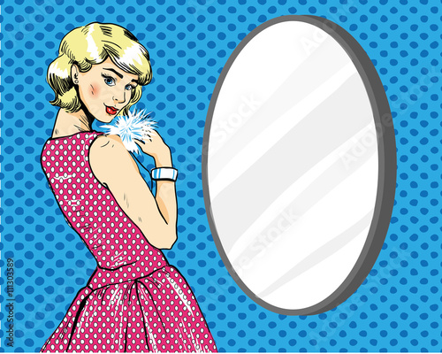 Beautiful Woman in front of mirror. Vector illustration in comics retro pop art style