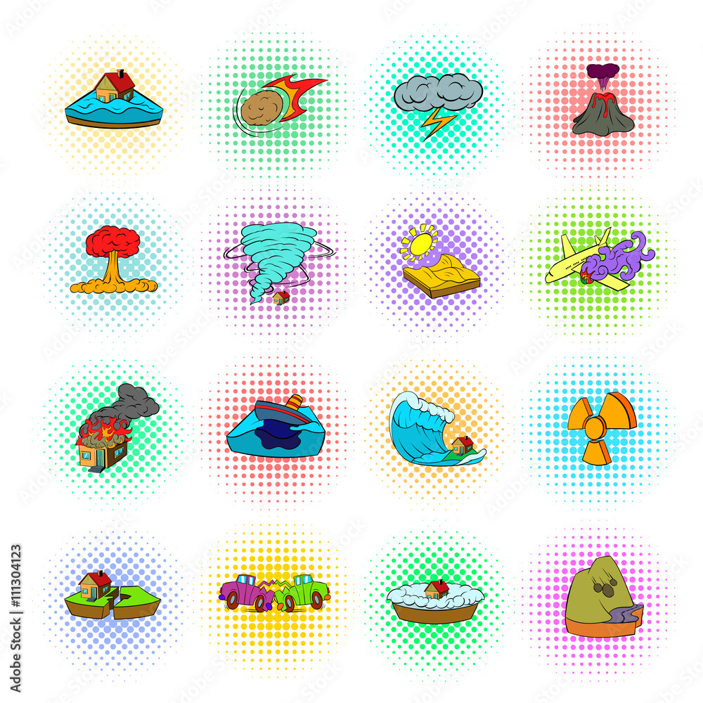Natural disaster icons set, pop-art style Natural disaster icons set, pop-art style