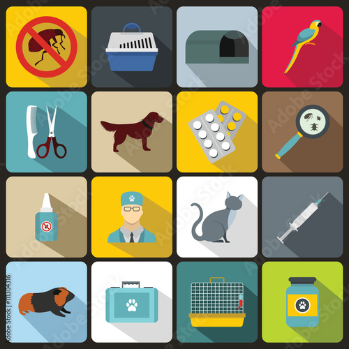 Veterinary icons set, flat style