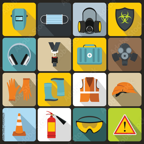 Safety icons set, flat style