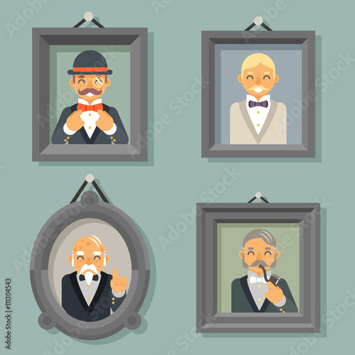 Retro Vintage Photo Frames Wealthy Victorian Gentleman Businessman Old Young Family Tree Icon Stylish Lamp Background Great Britain Design Vector Illustration