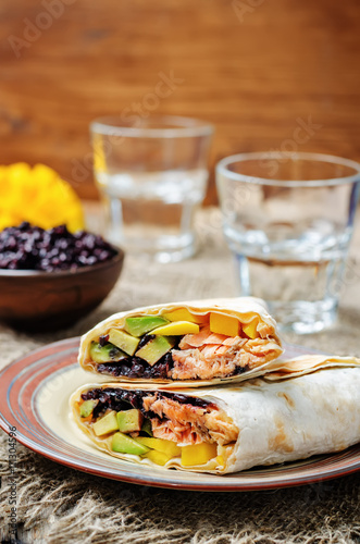 Salmon avocado mango black rice burritos