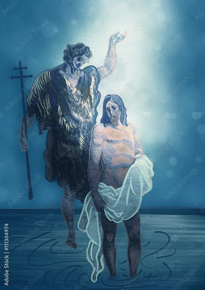 Baptism of Jesus Christ in the Jordan River. Contemporary art. Bible scene.  Stock Illustration | Adobe Stock