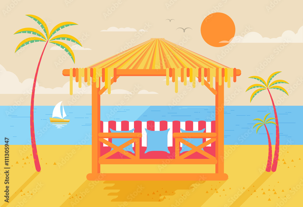 Fototapeta premium illustration of happy sunny summer day at beach with bungalows for recreation on island, bright sun, palm trees in flat style