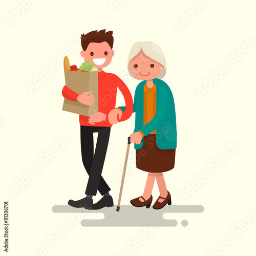 Volunteer helping grandmother carry products. Vector illustration