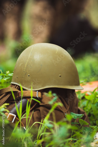the military helmet and backpack