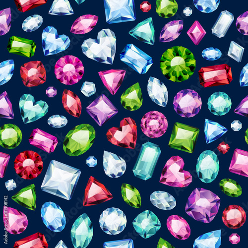 Seamless gemstones pattern on black.