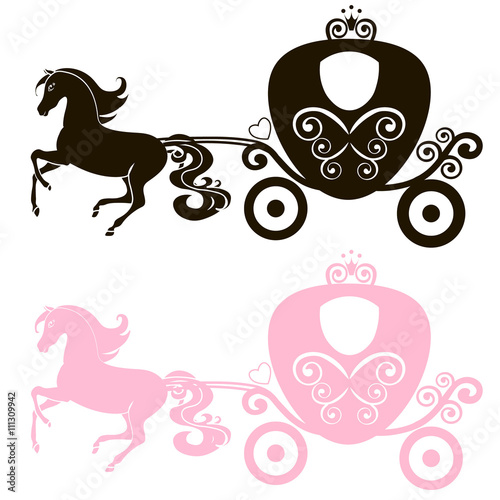 Fabulous Royal pink Princess carriage horse-drawn vector vintage girl stroller, logo, black and pink the silhouette icon on white background