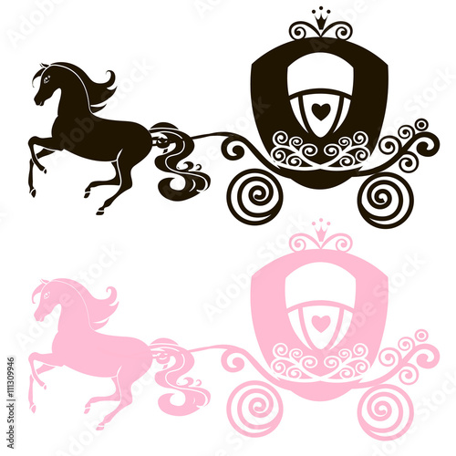 Fabulous Royal pink Princess carriage horse-drawn vector vintage girl stroller, logo, black and pink the silhouette icon on white background
