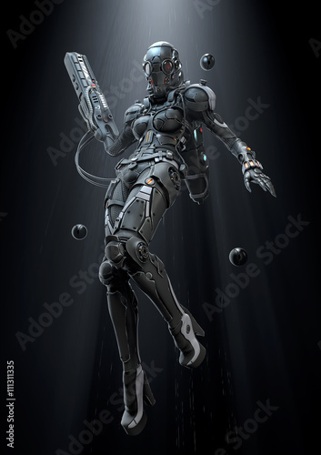 Cyborg girl flying with a weapon in her hand