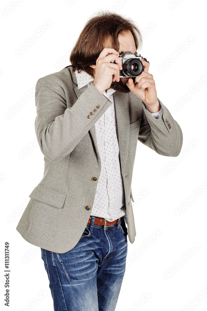 photographer with old retro film camera. isolated on white back photographer with old retro film camera. isolated on white back