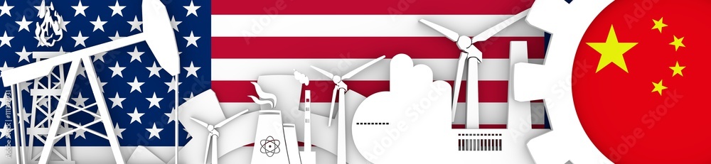 Fototapeta premium Energy and Power icons set. Header banner with China and USA flags