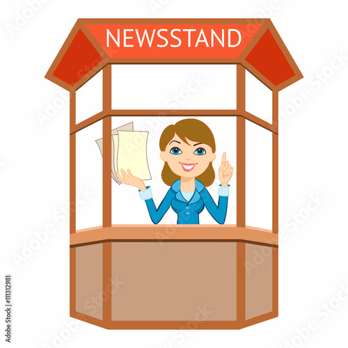 Happy saleswoman, shop assistant, newsagent, Press, newspapers, printed matter.