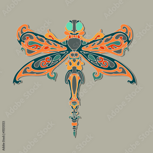 Decorative vector Patterned animal illustration of dragonfly. Ornamental dragonfly with abstract colorful background. Dragonfly to create posters, stickers, printing on T-shirts. Hipster dragonfly. 