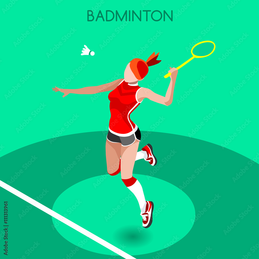 Badminton Player Summer Games Icon Set.3D Isometric Badminton Player