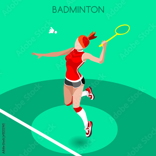 Badminton Player Summer Games Icon Set.3D Isometric Badminton Player.Sporting Championship International Badminton Competition.Sport Infographic Badminton Vector Illustration © Aurielaki