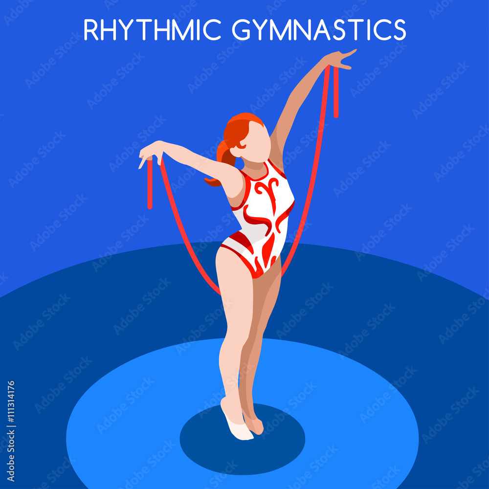 Rhythmic Gymnastics Rope Summer Games Icon Set.3D Isometric Gymnast.Sporting Championship International Competition.Sport Infographic Rhythmic Gymnastics Vector Illustration