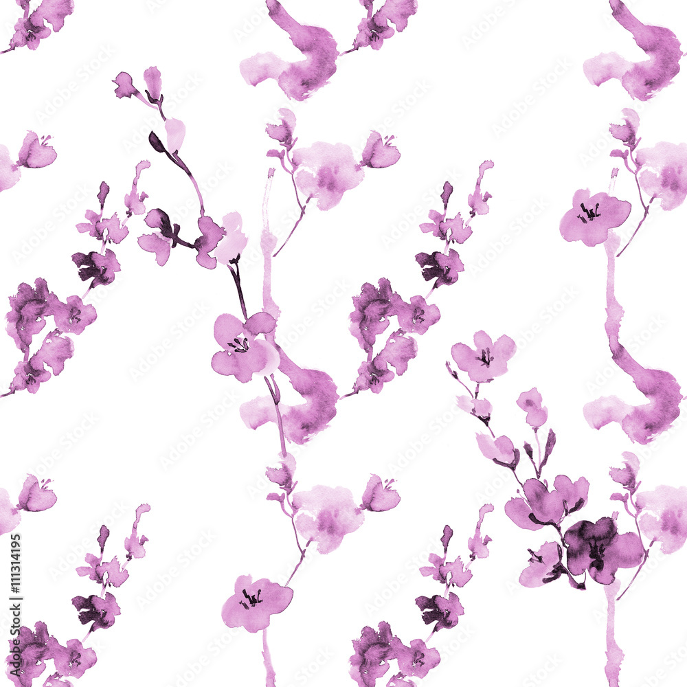 ink seamless pattern with plum blossom in the Japanese style of sumi-e on a white background