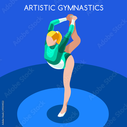 Artistic Gymnastics Floor Exercise Summer Games Icon Set.3D Isometric Gymnast.Sporting Championship International Competition.Sport Infographic Artistic Gymnastics Vector Illustration