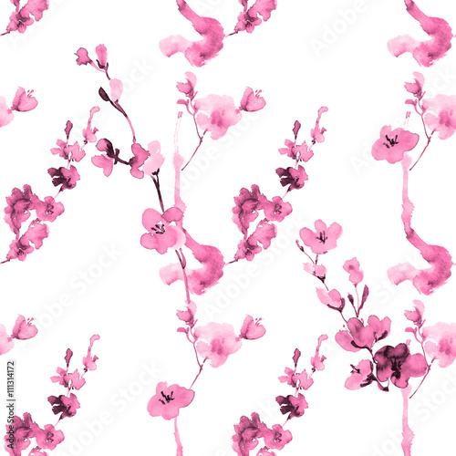 ink seamless pattern with plum blossom in the Japanese style of sumi-e on a white background