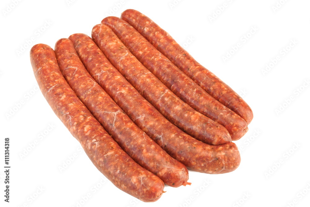 Sausages Made Of Chorizo Mince In Natural Casing White Isolated Sausages Made Of Chorizo Mince In Natural Casing White Isolated