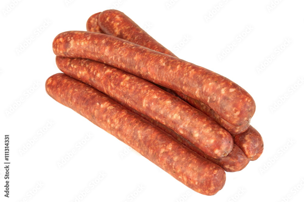 Sausages Made Of Chorizo Mince In Natural Casing White Isolated Sausages Made Of Chorizo Mince In Natural Casing White Isolated