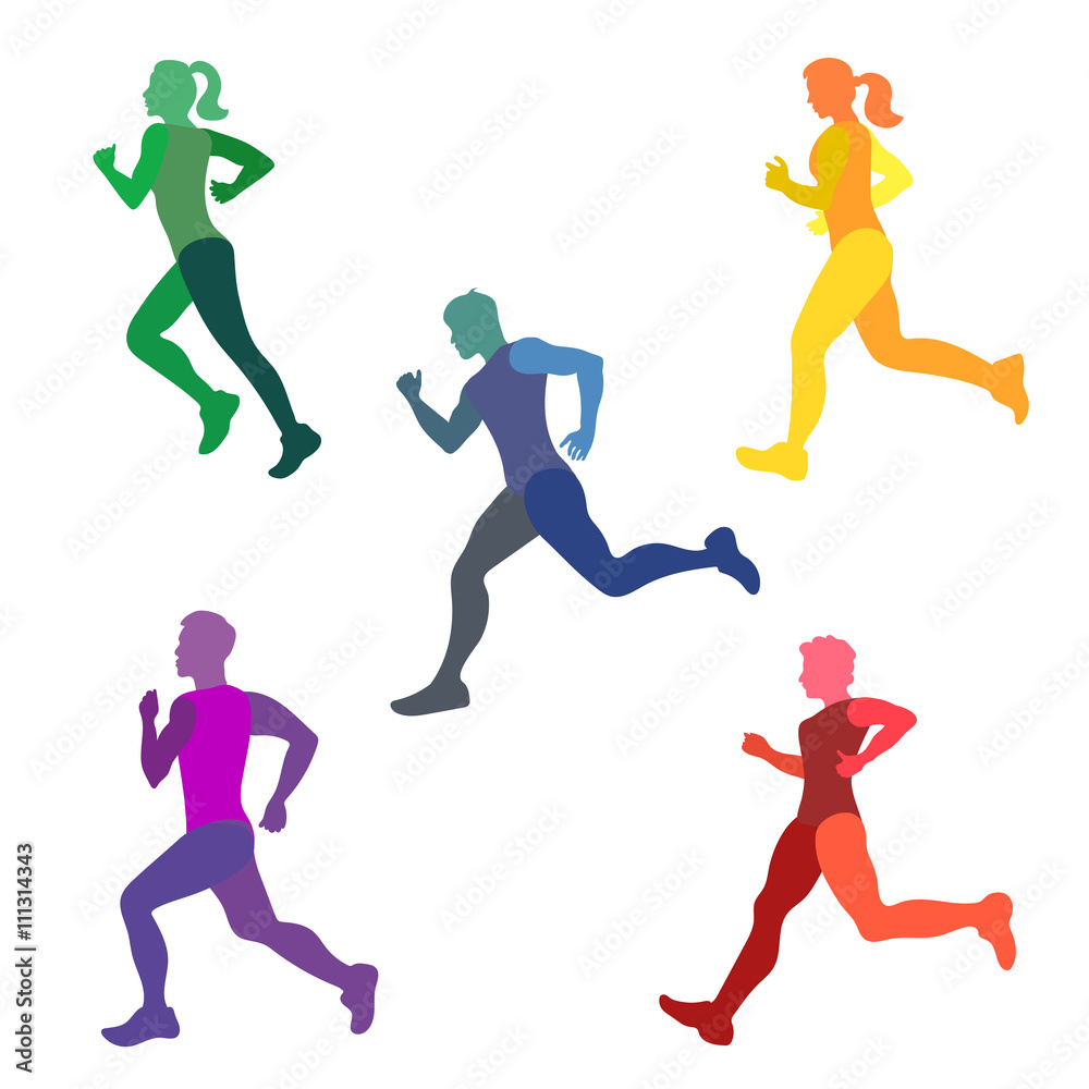 Set of runners. Silhouettes of running people. All parts of body separately. Colorful vector illustration. 
