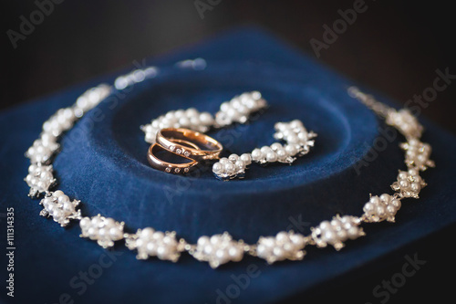 Wedding rings with bijouterie close up
