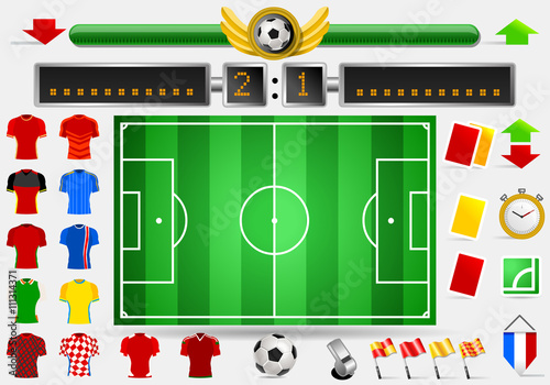 Soccer Field and Football Apparel Jerseys Score Board Point Yellow Card Red Card Whistle Objects International Championship Symbols and Equipment Vector Illustration