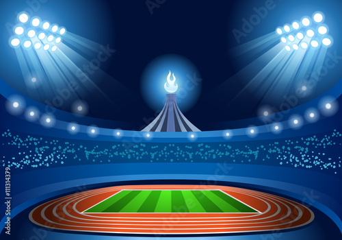 Stadium Background Summer Games 2016 Empty Field Background Nocturnal View Vector Illustration