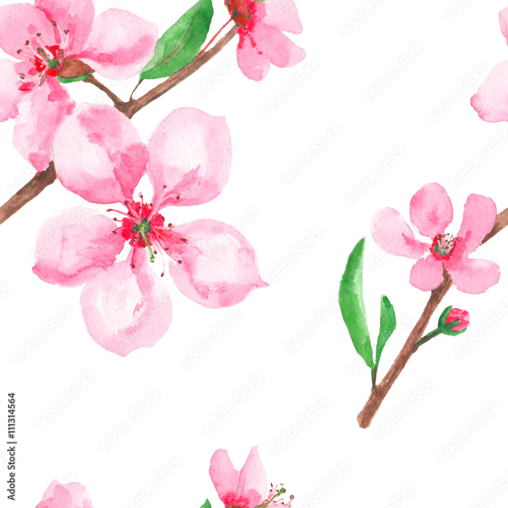 Watercolor floral seamless pattern with spring blossoms