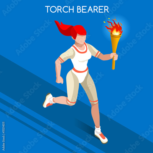 Torchbearer Relay Running Women 2016 Summer Games Icon Set.Speed Concept.3D Isometric Athlete.Sporting Competition.Sport Infographic Torchbearer Vector Illustration.
