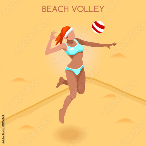 Beach Volley Player Summer Games Icon Set.3D Isometric Beach Volleyball.Sporting Championship International Beach Volley Competition.Sport Infographic Volley Vector Illustration
