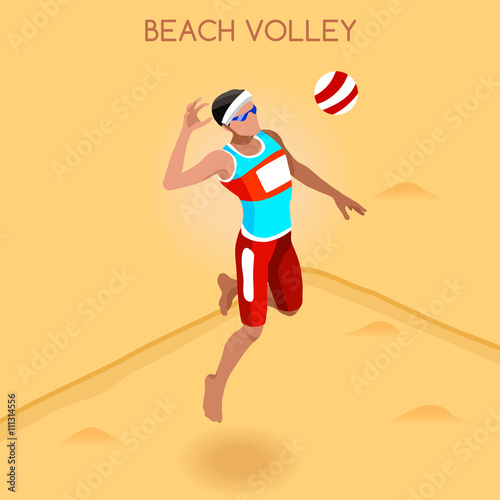 Beach Volley Player Summer Games Icon Set.3D Isometric Beach Volleyball.Sporting Championship International Beach Volley Competition.Sport Infographic Volley Vector Illustration