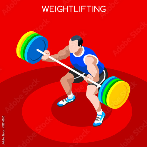 Weightlifting Summer Games Icon Set.3D Isometric Weightlifter Athlete.Sporting Championship International Competition.Sport Infographic Athletic Weightlifting Vector Illustration