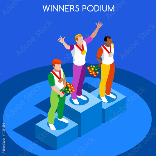 Winner Podium Summer Games Icon Set.Speed Concept.3D Isometric Athlete.Sporting Competition.Sport Infographic Winner Podium Vector Illustration.