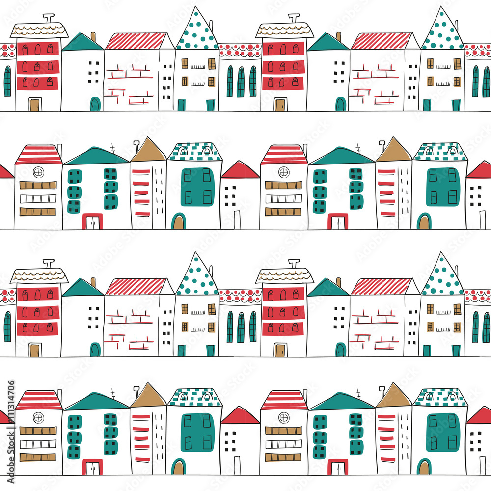 Seamless pattern with doodle houses. Abstract cityscape. Vector background with sketchy city. 