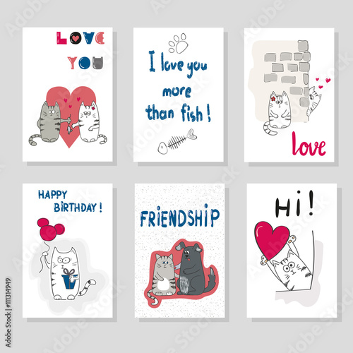 Set of cards templates with cute cats. Love theme. Vector illustration. Cards design with cartoon cats for birthday, anniversary, party invitations. 