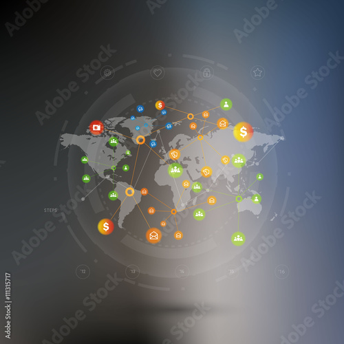 Technology connection concept. Abstract background with integrated circles and icons for digital, internet, network, connect, social media, global concepts. Vector infograph illustration. Flat design