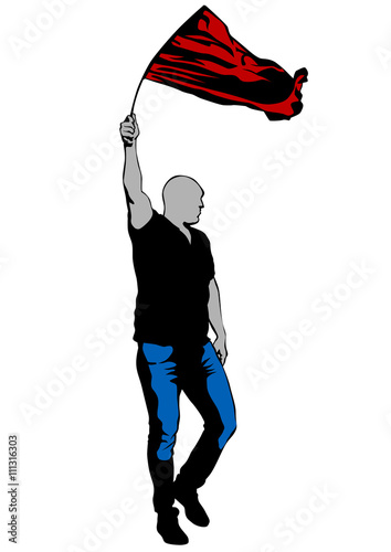 People with big flag on white background